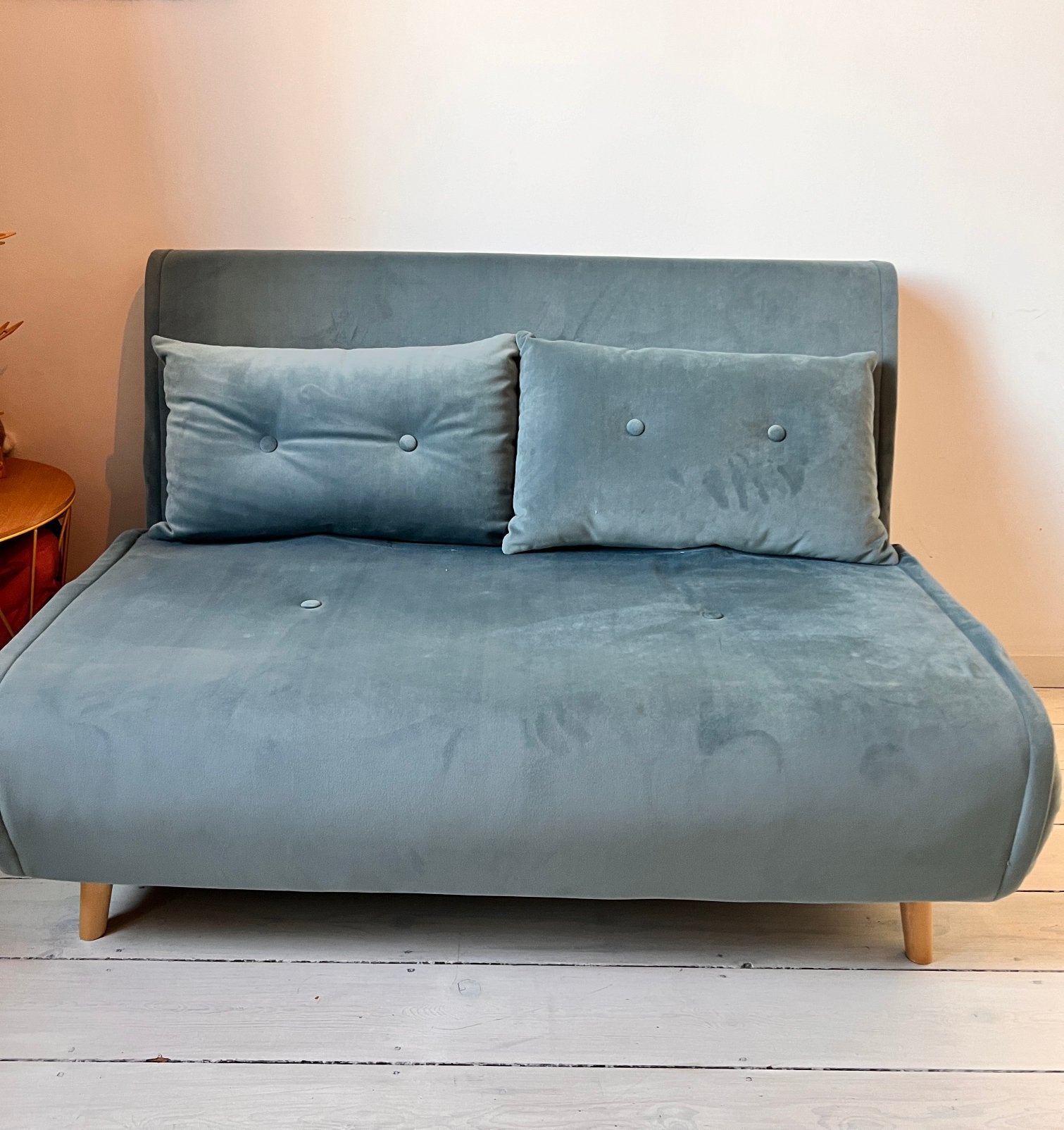 Zetelbed in velvet blue, Ophalen, Blauw, 190 cm of minder, Zo goed als nieuw