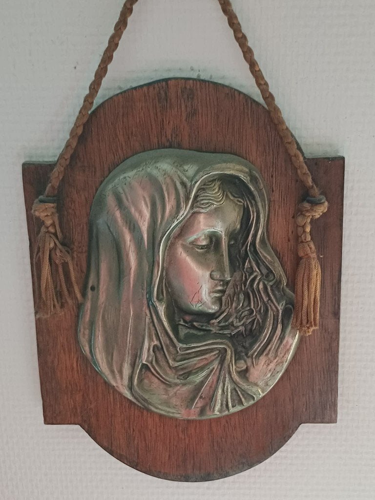 Plaque murale vintage Vierge Marie – métal et bois, Antiquités & Art, Envoi