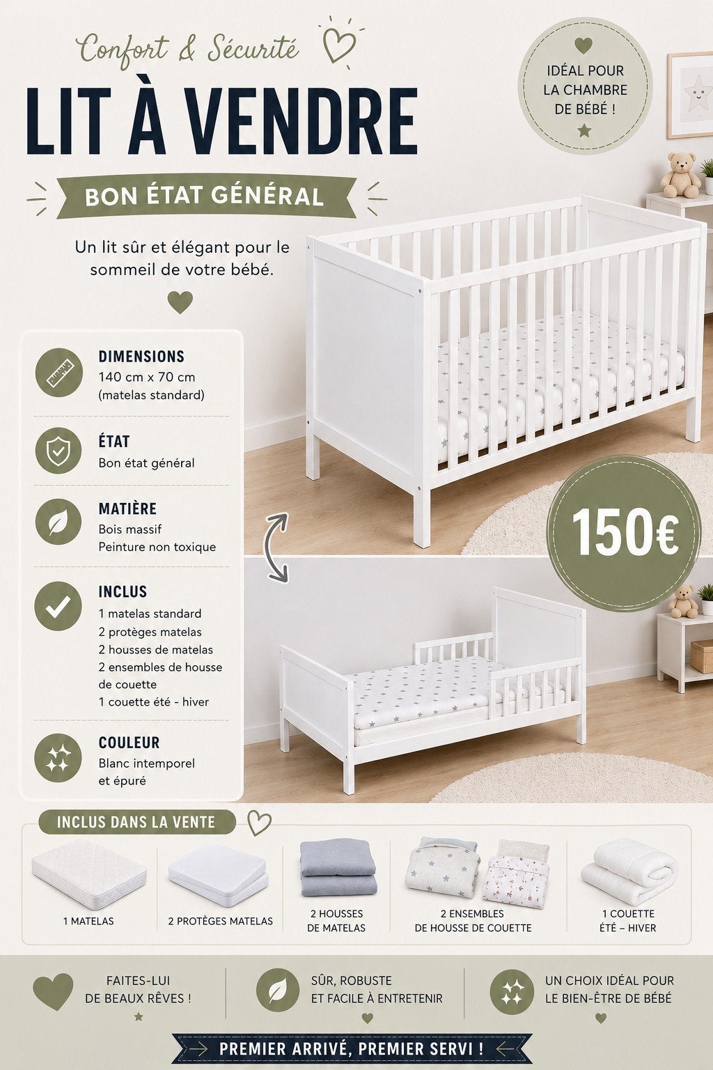 Lit bébé + matelas (voir description), Enlèvement, Lit