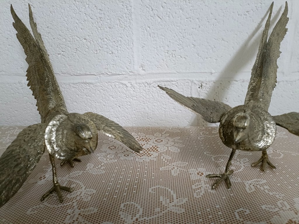 Faisans en bronze argenté — Ensemble vintage d'environ 1950, Enlèvement ou Envoi, Bronze