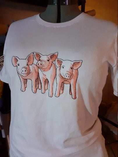 T-shirt met geborduurde varkentjes op de voor- en achterkant, Wit, Maat 46/48 (XL) of groter, Nieuw, Ophalen of Verzenden