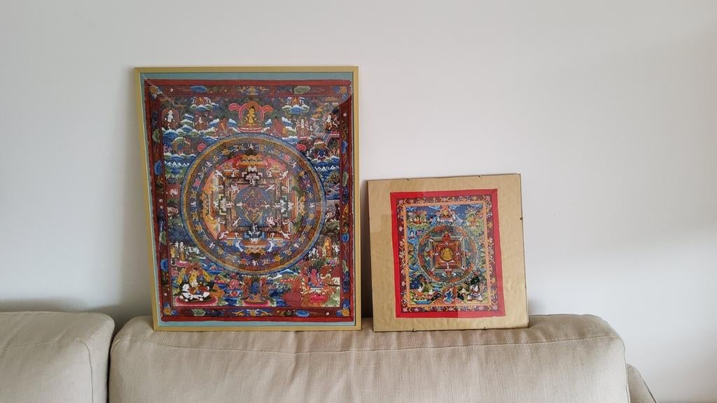 2 Thangka's 38x47 en 21x28, ingekaderd, Antiek en Kunst, Ophalen