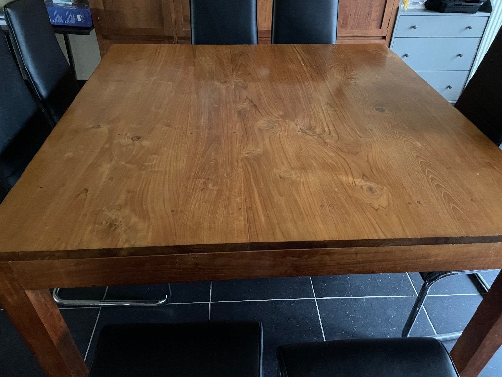 Table et 8 chaises, Teck, 100 à 150 cm, Cinq personnes ou plus, Carré
