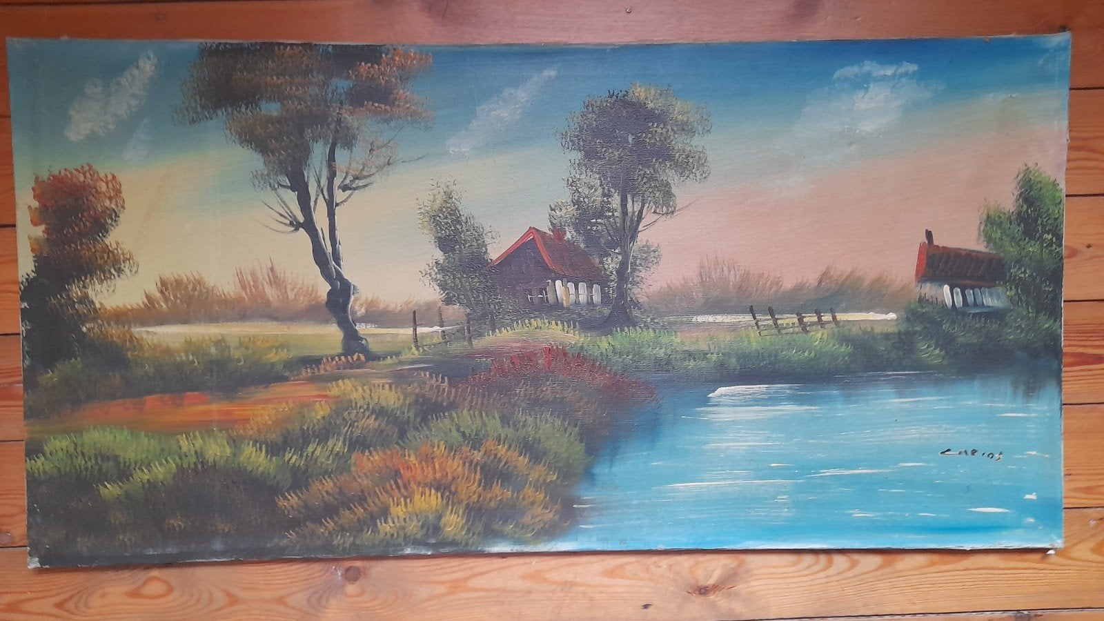Peinture sur toile de 2 maisons au bord de l'eau., Enlèvement