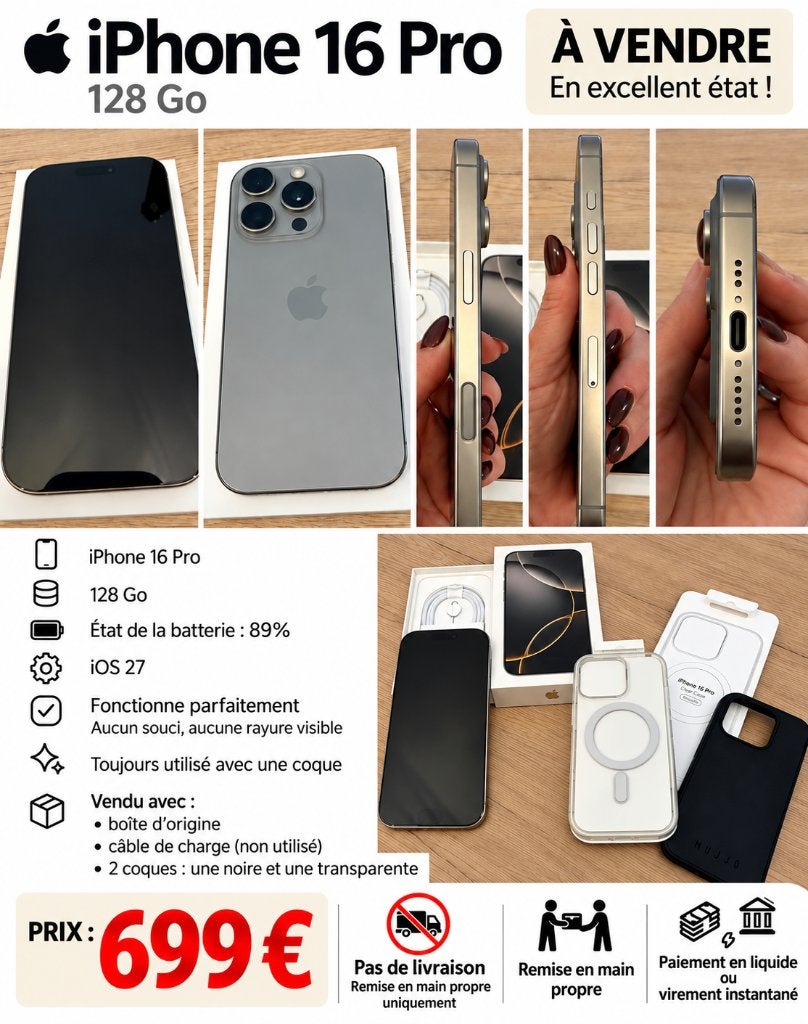 IPhone 16Pro 128Go, Telecommunicatie, 128 GB, 89 %, Zo goed als nieuw, Zilver