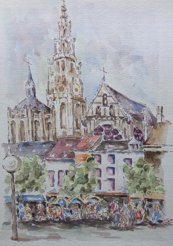 ONBEKEND / ANTWERPEN GROENPLAATS / ORIGINEEL WERK / 36x27cm, Antiquités & Art, Enlèvement ou Envoi, Aquarelle, Paysage urbain / rural