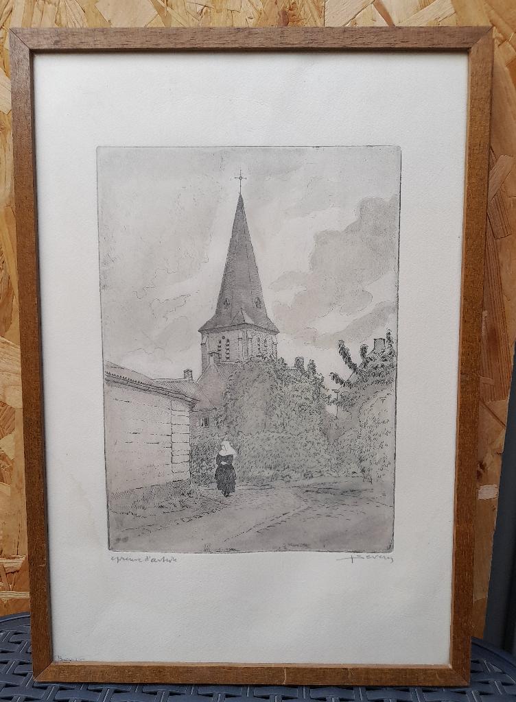 Mooie ets, Juliaan Severin, Burcht, Antiek en Kunst, Kunst | Etsen en Gravures, Ophalen, Ets, Stadsgezicht, Ingelijst