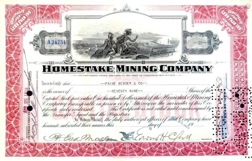 Homestake Mining Company (Edward H.Clark) 1929, Postzegels en Munten, Aandelen en Waardepapieren, Ophalen of Verzenden, 1920 tot 1950