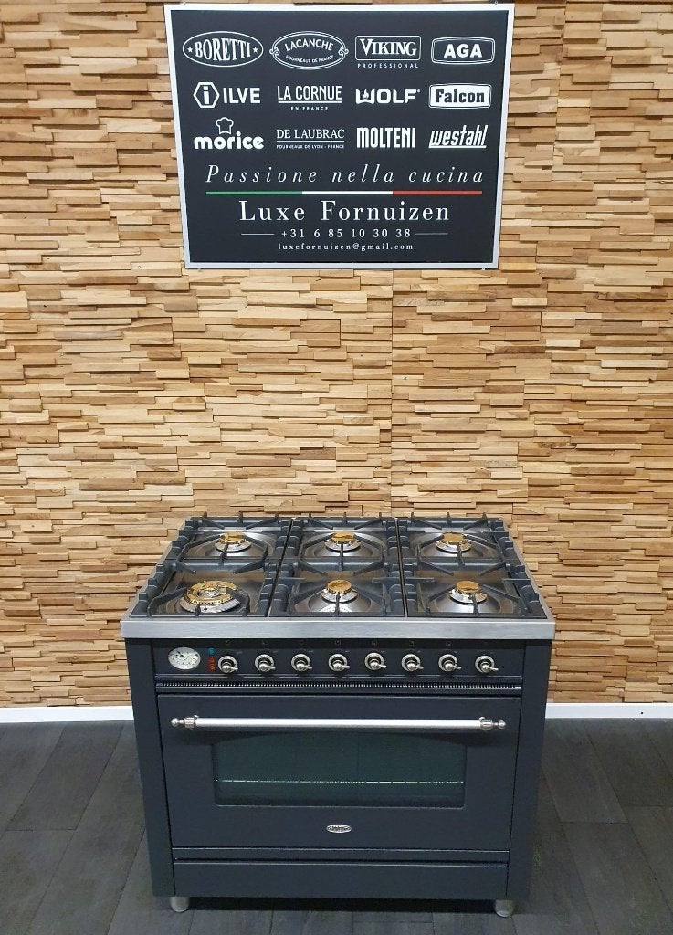 Boretti Fornuis 90cm antraciet + rvs 6 pits 1 grote oven, Ophalen, 60 cm of meer, Zo goed als nieuw, Energieklasse A of zuiniger