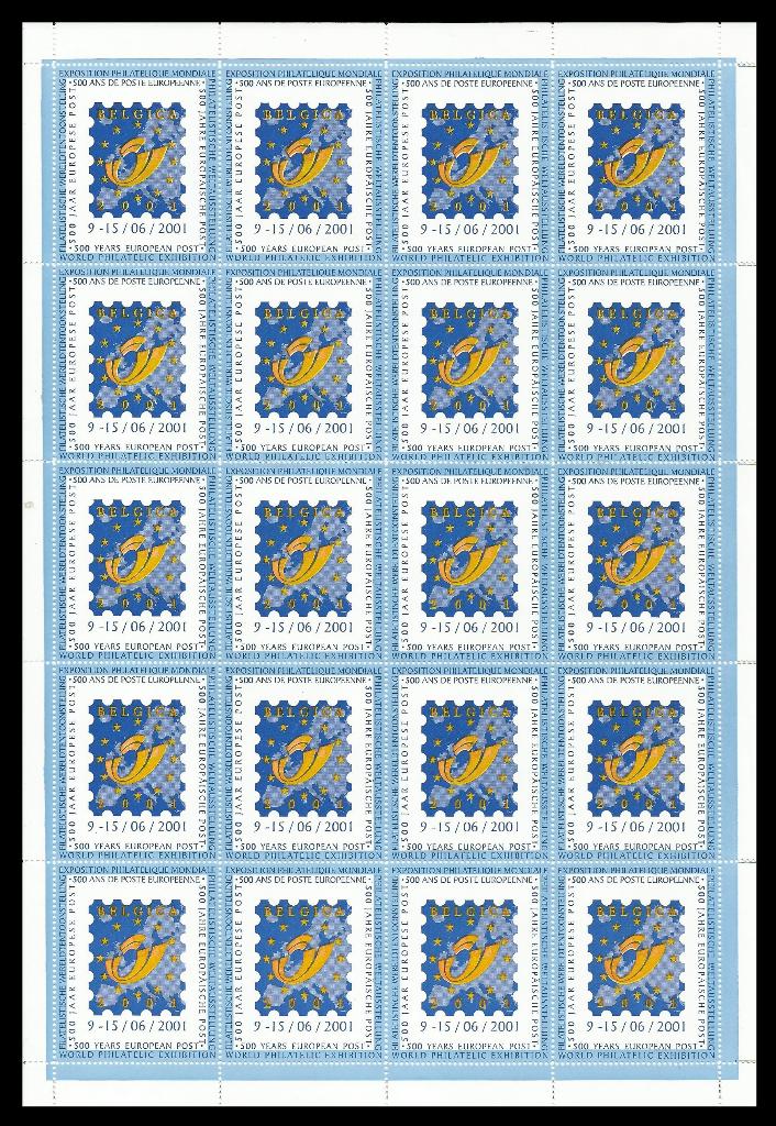 Feuille Vignettes Belgica 2001 500 ans Poste Européenne, Envoi, Timbre-poste, Neuf
