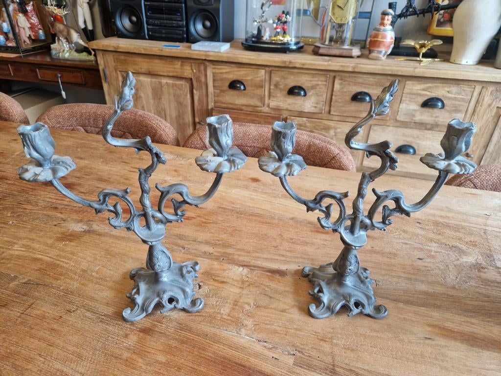 2 antieke tinnen kandelaars 2,9kg, Antiek en Kunst, Ophalen of Verzenden