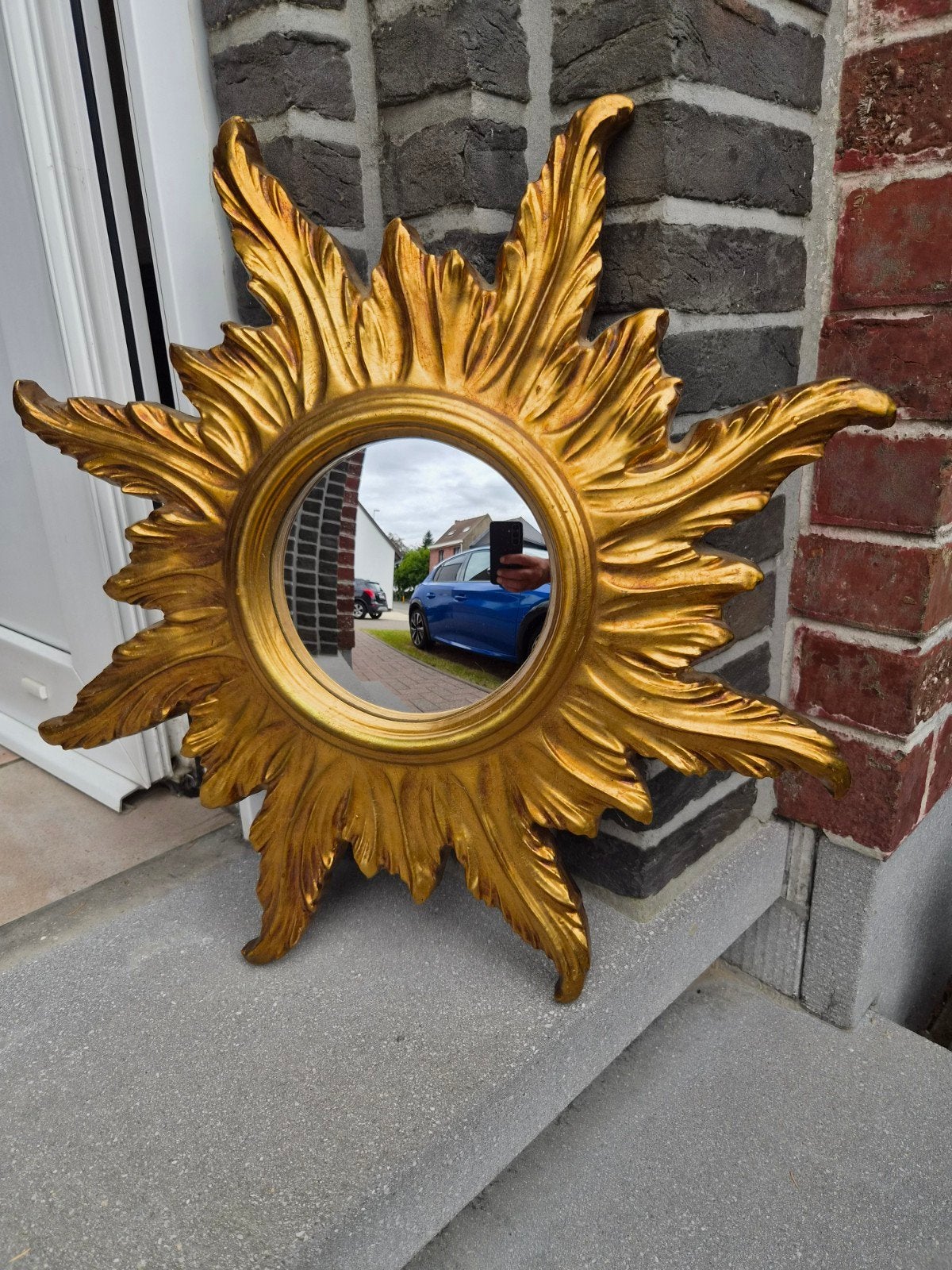 miroir solaire vintage 56 cm, verre convexe 17,5 cm., Enlèvement ou Envoi, Moins de 100 cm, Comme neuf, 50 à 75 cm