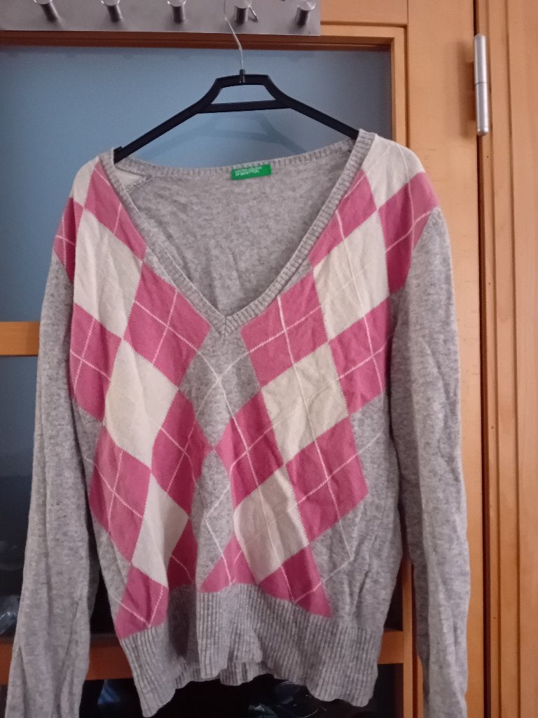 Pull femme jacquard en laine col en V taille medium, Benetton, Enlèvement, Comme neuf, Taille 38/40 (M)