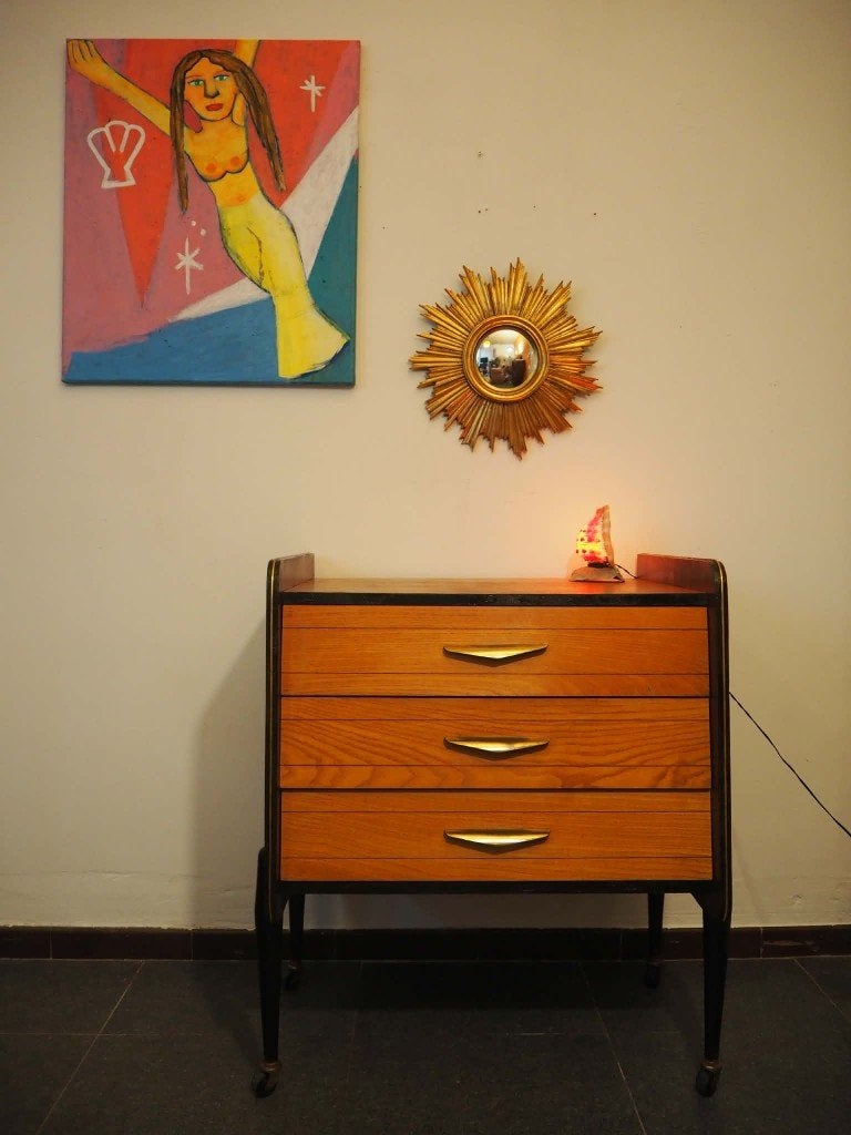Mid-century chest of drawers, rockabilly from the 1960s, Ophalen, 50 tot 100 cm, Zo goed als nieuw, 3 of 4 laden