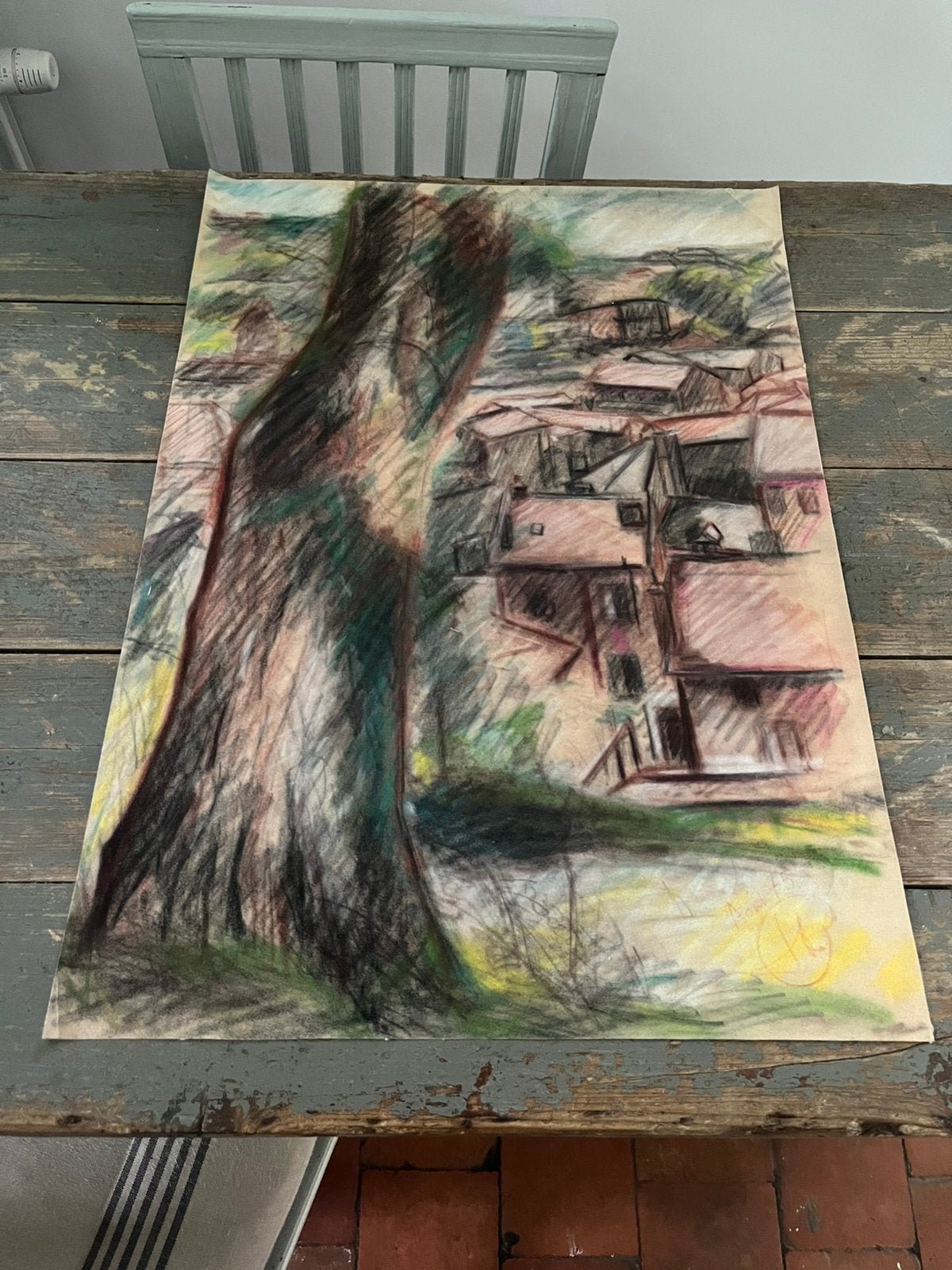 KUNST TEKENING OP VILT PAPIER BOOM LANDSCHAP, Enlèvement ou Envoi