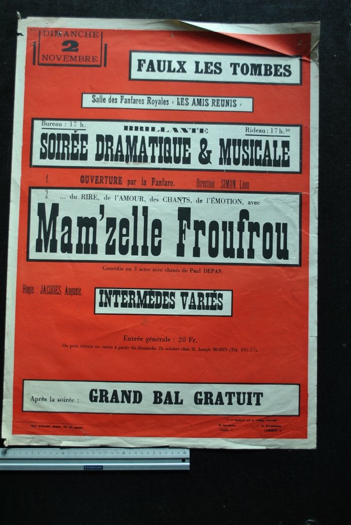 ANCIENNE AFFICHE ANNEES 50 FAULX-LES-TOMBES LES AMIS REUNIS, Enlèvement ou Envoi, Utilisé