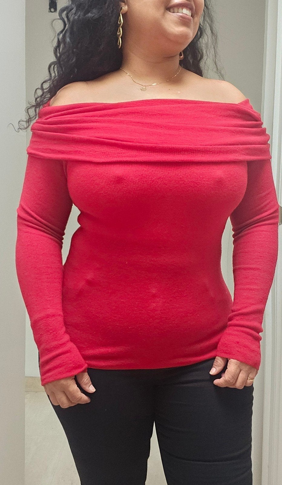 Zara Rode Fijngebreide Top / Trui – Off-shoulder & Col (Maat, Ophalen of Verzenden, Maat 38/40 (M)