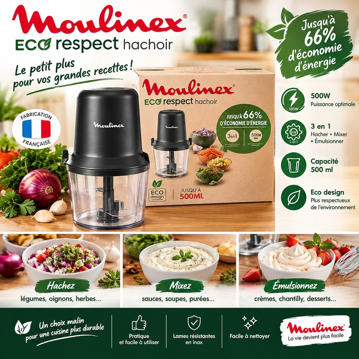 Moulinex Eco Respect 500W 3-in-1 chopper - Nieuwstaat, Minder dan 1 liter, Ophalen of Verzenden, Nieuw, Vaatwasserbestendig
