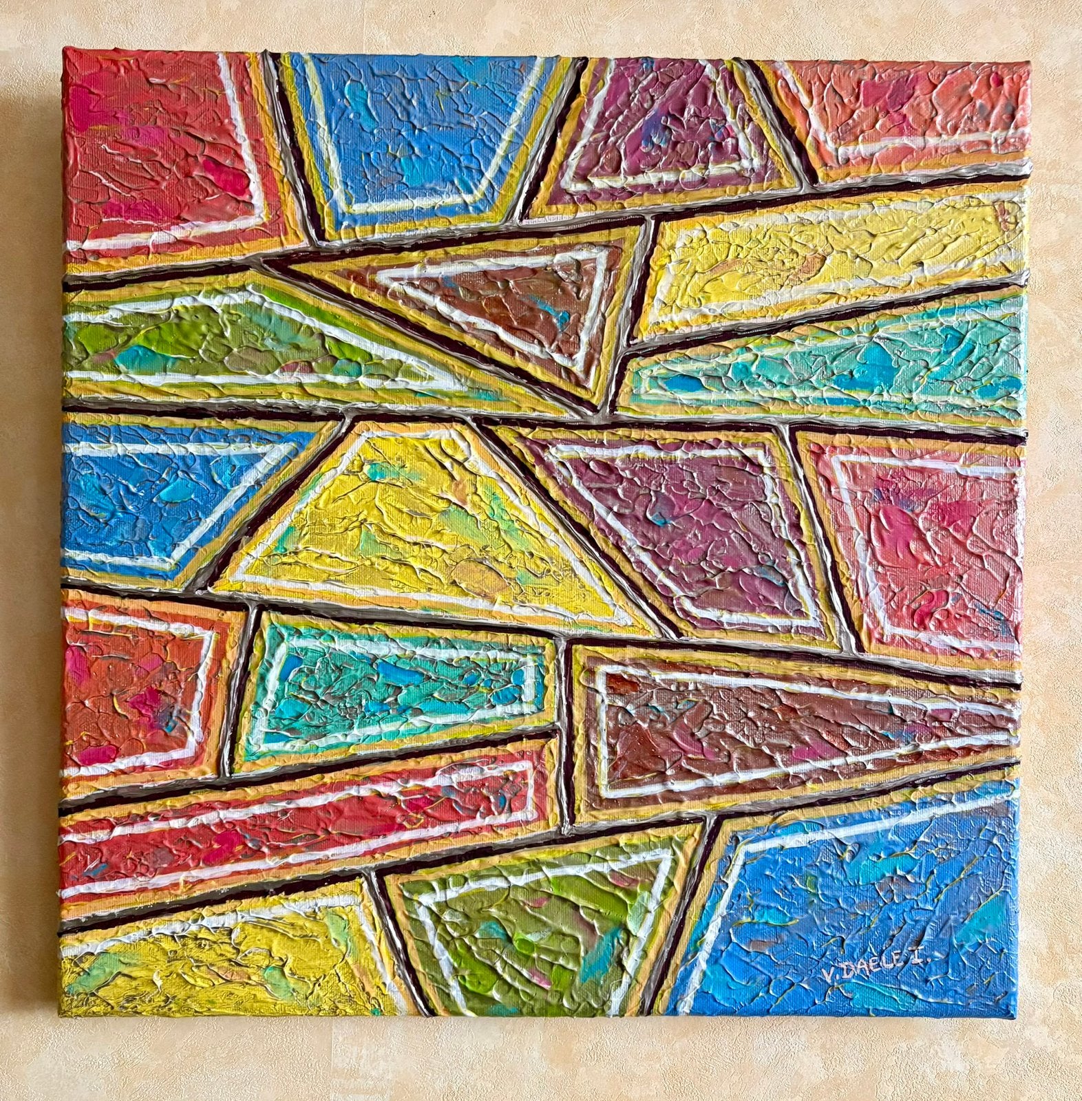 BLOKKEN. Gesigneerd schilderij op doek. 40 x 40 cm., Enlèvement
