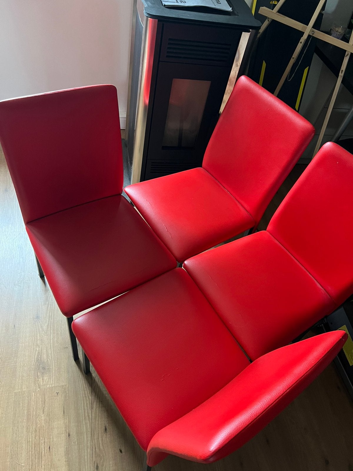 4 rode lederen stoelen, Maison & Meubles, Chaises, Enlèvement, Utilisé, Rouge, Quatre