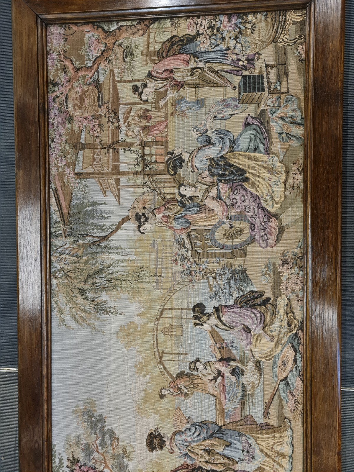 Groot vintage wandtapijt in houten lijst (160x60 cm), Ophalen