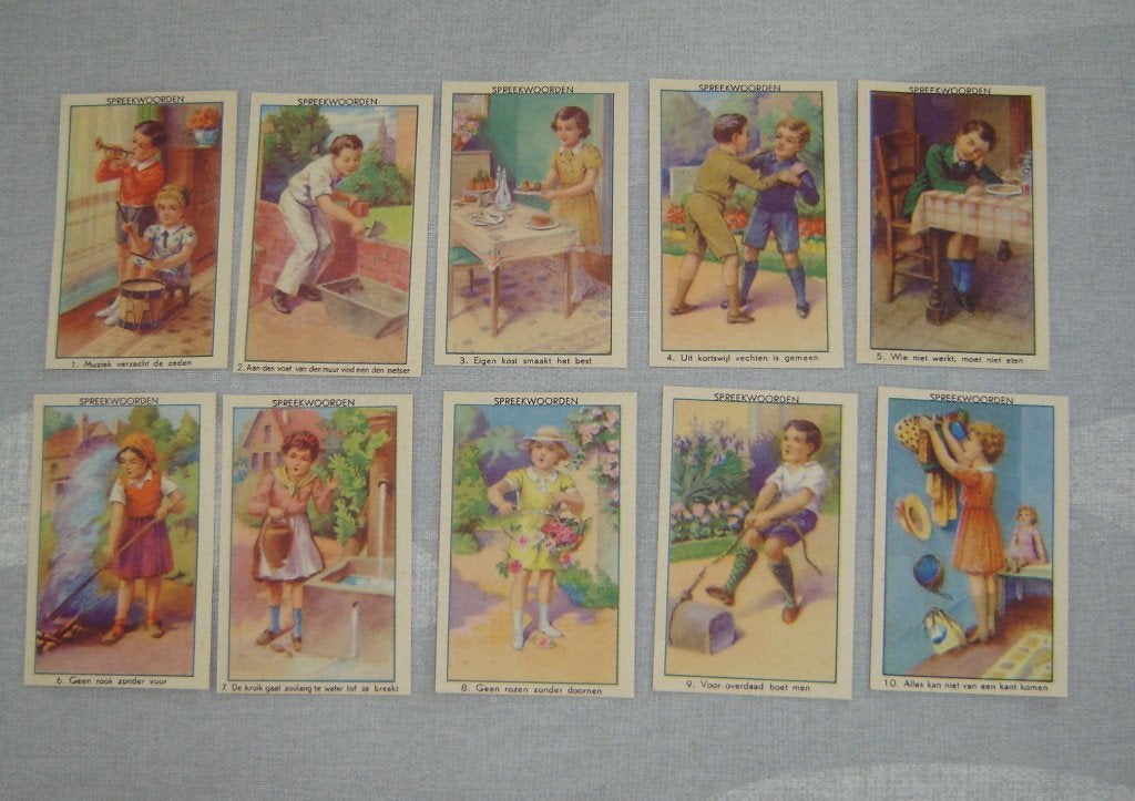 Chromos DE BIE Poperinghe SPREEKWOORDEN Volledig 10st, Verzamelen, Foto's en Prenten, Verzenden, Zo goed als nieuw, Voor 1940