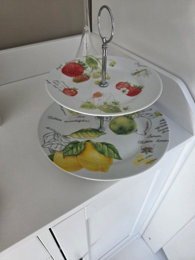 Etagere + theepot ( fruit tekeningen), Huis en Inrichting, Ophalen, Gebruikt, Keramiek, Landelijk/Boerenbont
