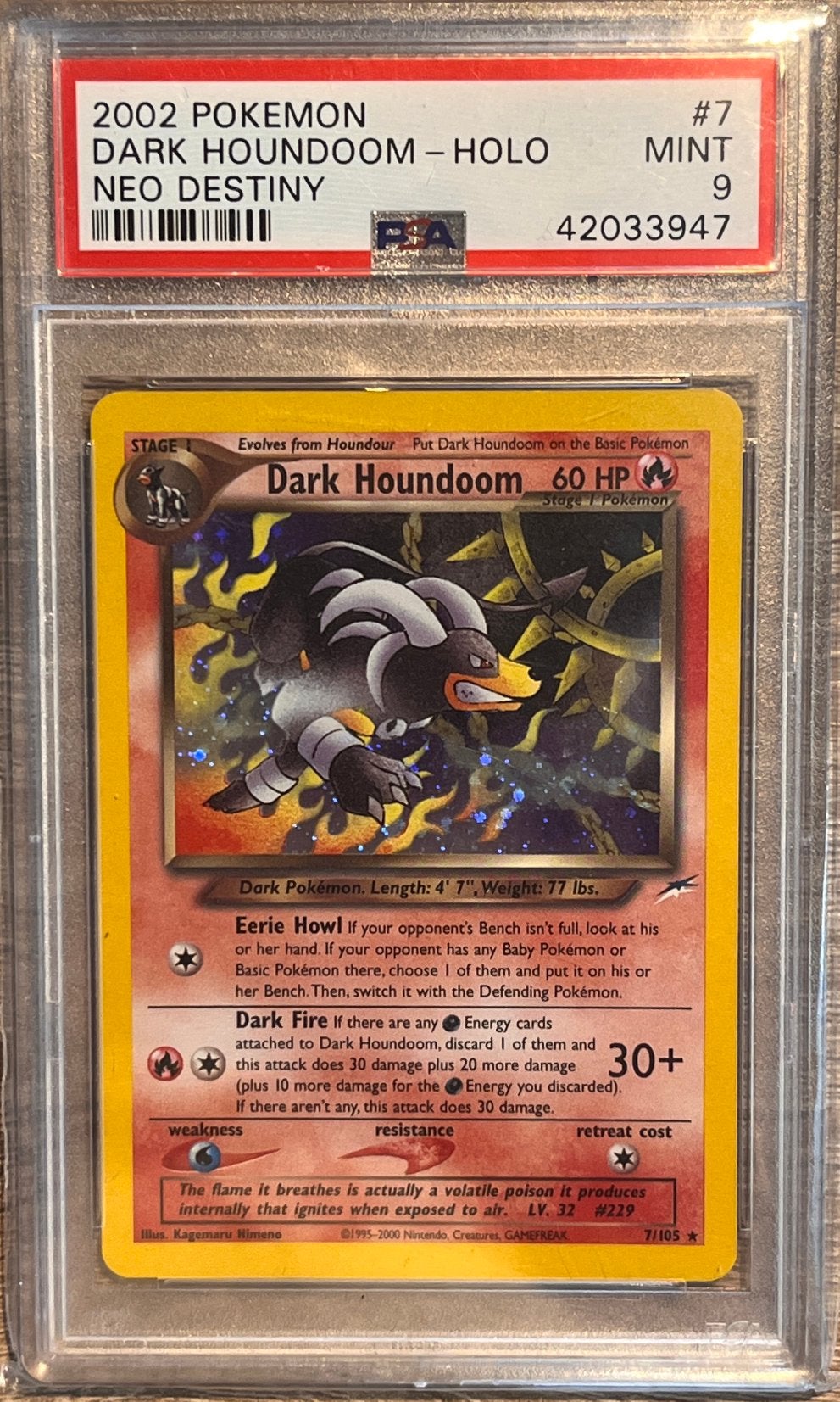 2002 Pokemon Dark Houndoom Holo 7/105 Neo Destiny PSA 9 Mint, Hobby en Vrije tijd, Ophalen of Verzenden, Zo goed als nieuw