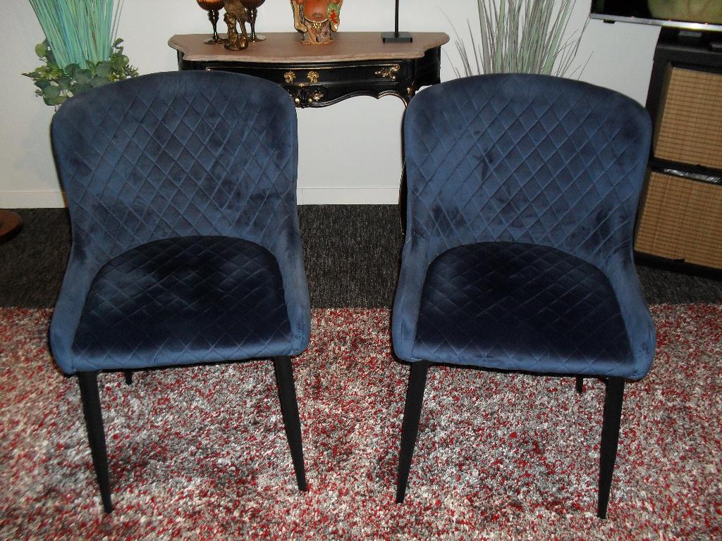 Velvet eetkamerstoelen, Maison & Meubles, Chaises, Utilisé, Deux, Tissus, Bleu, Enlèvement