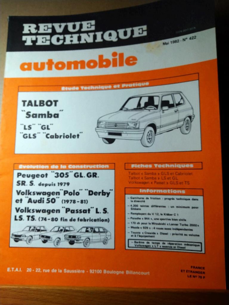 RTA 422 - Talbot Samba - mai 1982, Autos : Divers, Enlèvement ou Envoi