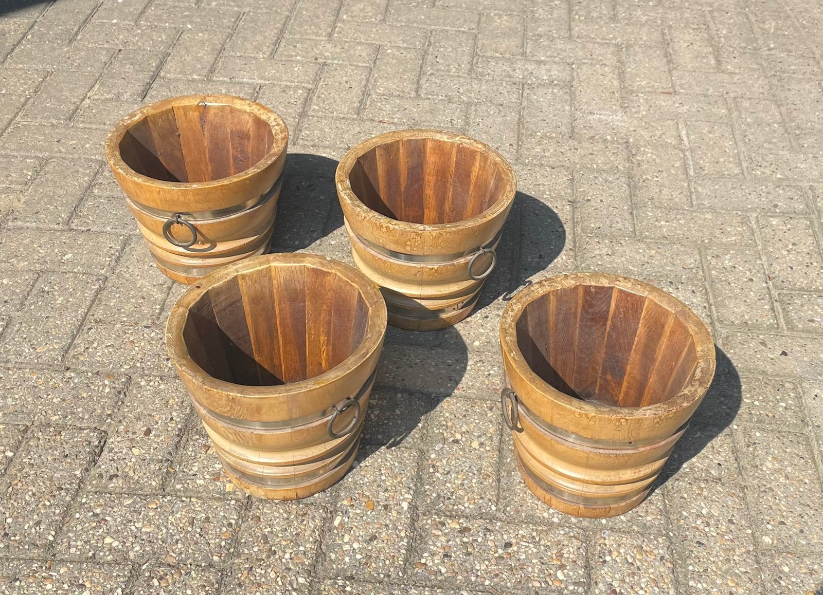 4 vintage, jaren 50, houten bloem-, plantenbakken/cachepots, Ophalen, Zo goed als nieuw