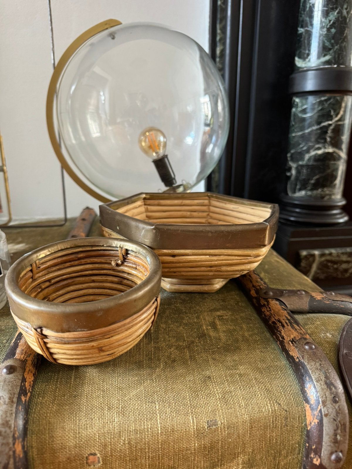 Leuke vintage rotan messing kommetjes, Ophalen