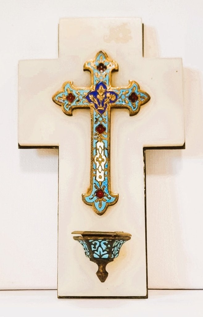 Croix avec récipient à eau bénite en émail cloisonné, onyx., Antiquités & Art, Enlèvement ou Envoi
