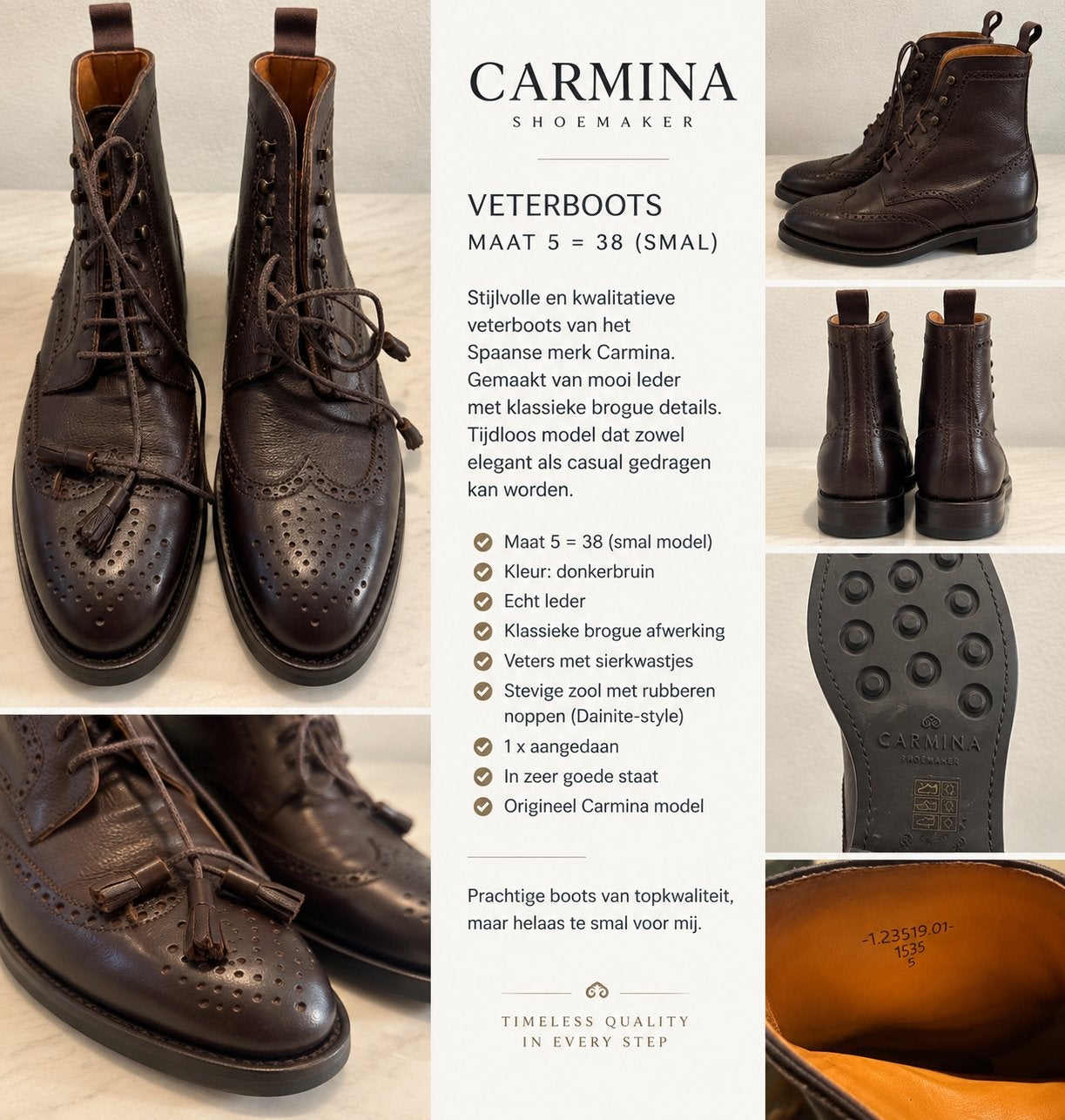 Bottes brogue en cuir Carmina - taille 5/38 marron foncé, Vêtements | Femmes, Neuf, Enlèvement ou Envoi, Brun, Boots et Botinnes