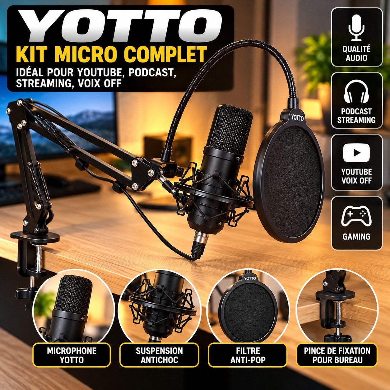 Kit Micro YOTTO – Bras + Micro + Filtre Anti-Pop, Enlèvement ou Envoi