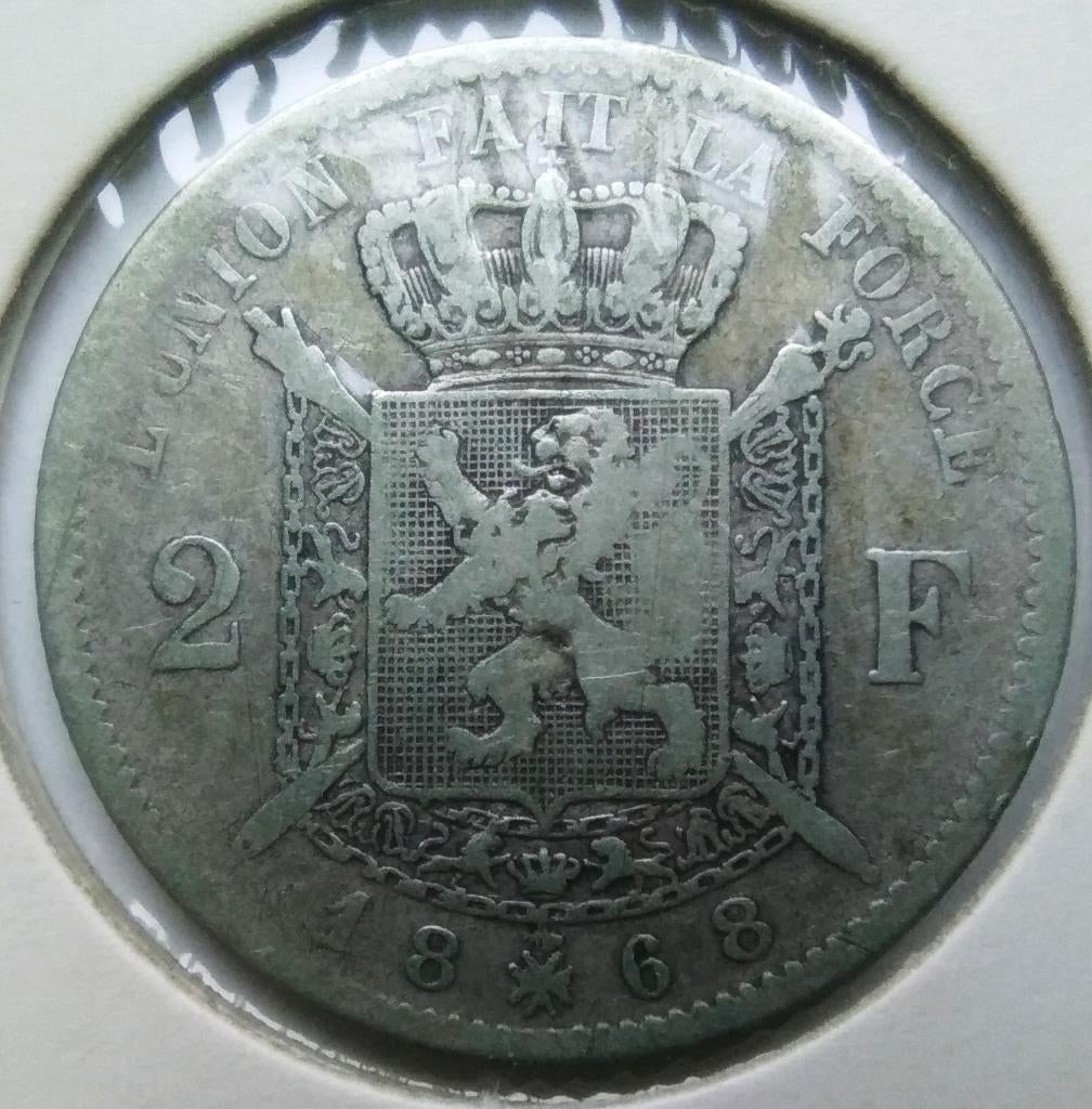 België 2 francs 1868 - met kruis op kroon - model A, Postzegels en Munten, Munten | België, Zilver, Ophalen of Verzenden, Losse munt