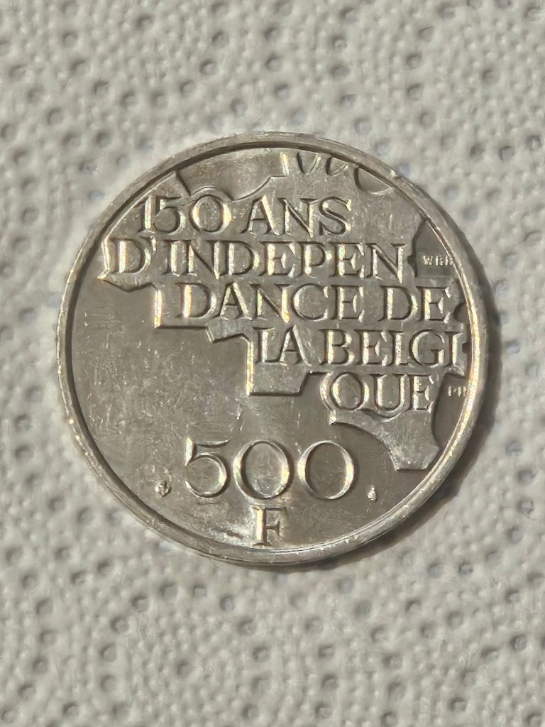 500 Francs Belgique 1980 – 150 Ans d’Indépendance, Enlèvement ou Envoi, Métal, Argent