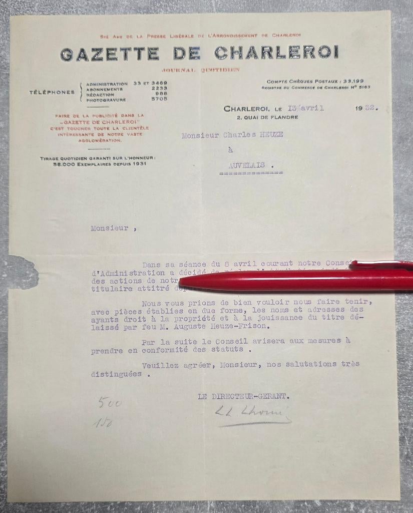 1932+Gazette de Charleroi+AuvelaisCharles Heuze, Collections, Enlèvement, 1920 à 1940, Non affranchie, Hainaut