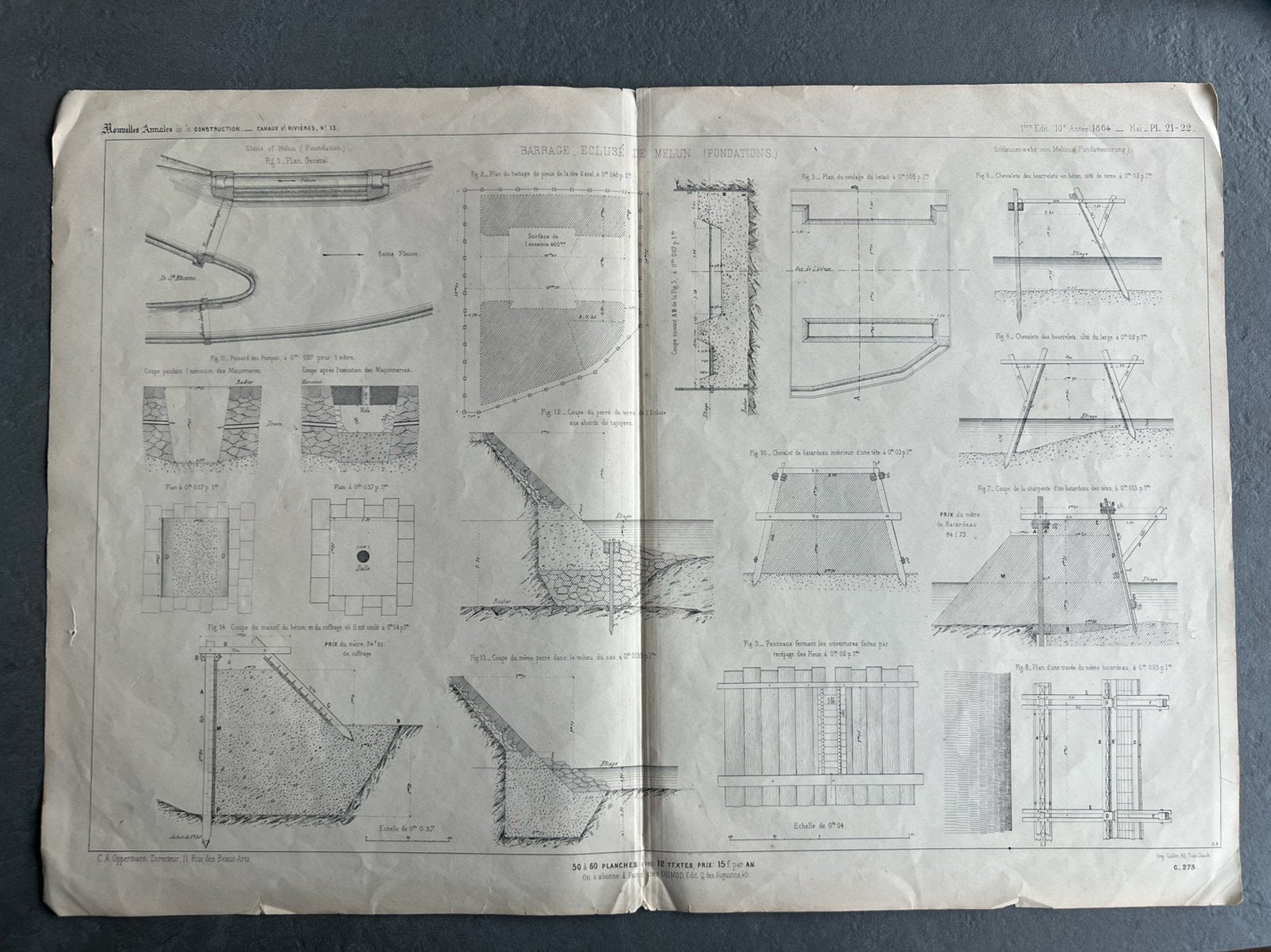 Oude gravure 1864 — dam en sluis van Melun — Seine, Antiek en Kunst, 1800 - 1899, Architectuur, Ophalen of Verzenden, Gravure