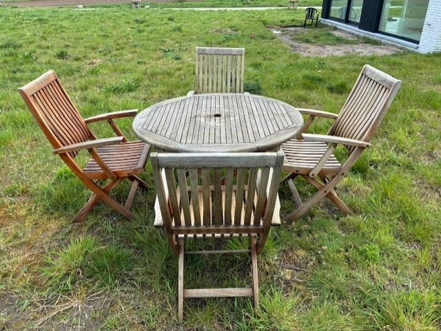 Tuinset met tafel en vier stoelen in teak, Tuin en Terras, Ophalen, 4 zitplaatsen, Gebruikt, Teakhout