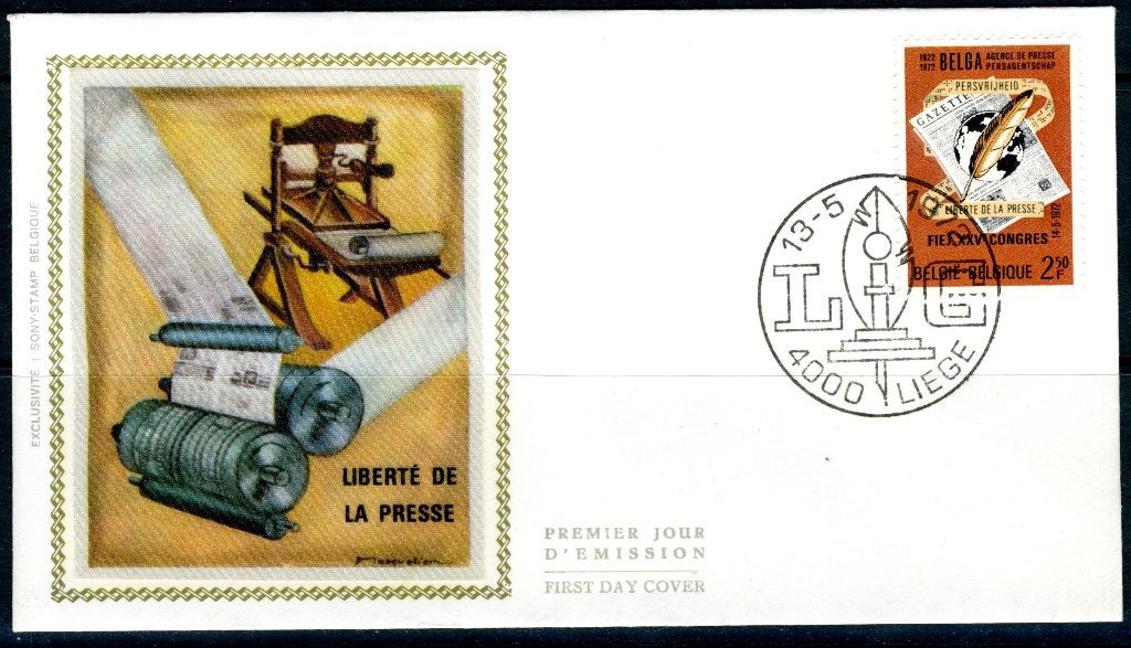 (B) 1625 FDC z/s 1972 - 50 jaar Persagentschap, Belga., Verzenden, Gestempeld, 1e dag stempel, Gestempeld