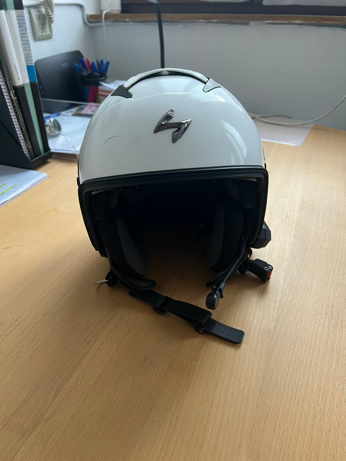 Casque moto blanc + Bluetooth + micro, Enlèvement, Utilisé, Medium