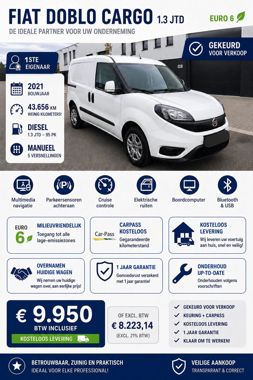43656KM❤️EURO 6❤️2021❤️FIAT DOBLO❤️1.3JTD❤️GARANTIE❤️GEKEURD, Auto's, Voorwielaandrijving, Euro 6, Wit, https://public.car-pass.be/vhr/82913db2-4e3f-4594-802b-cc8eb25e0418
