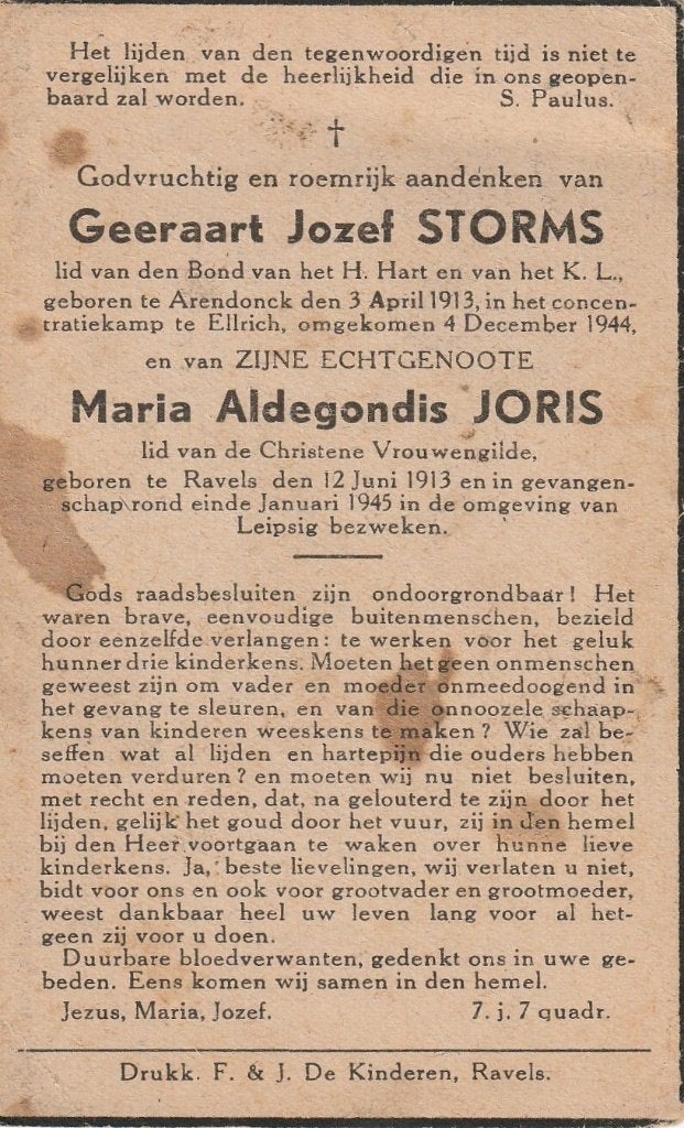 Concentratiekamp 40/45 Geeraert Stors en Maria Joris, Collections, Images pieuses & Faire-part, Envoi