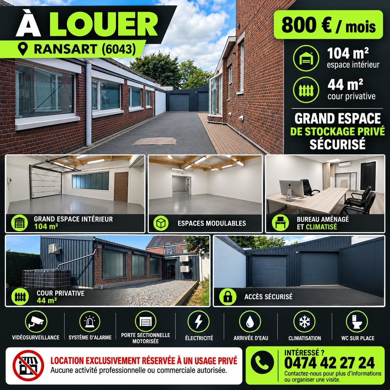 Grand garage & stockage privé sécurisé – 104 m² – Ransart, Immo, Charleroi