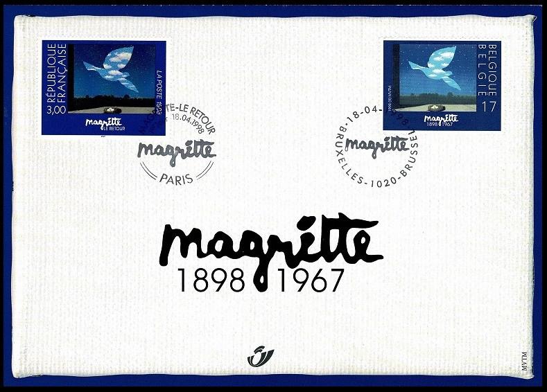 Herdenkingskaart postzegels René Magritte (Schilder), Postzegels en Munten, Verzenden, 1e dag stempel, Postfris