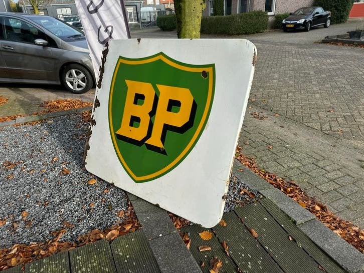 Vintage groot BP Emaille Reclamebord, Antiek en Kunst