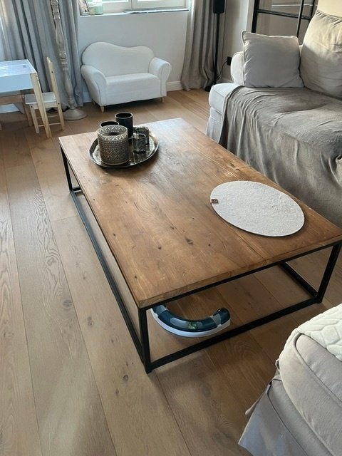 Salontafel – massief eiken blad met stevig stalen frame, Ophalen, Gebruikt, 100 tot 150 cm, 50 tot 100 cm