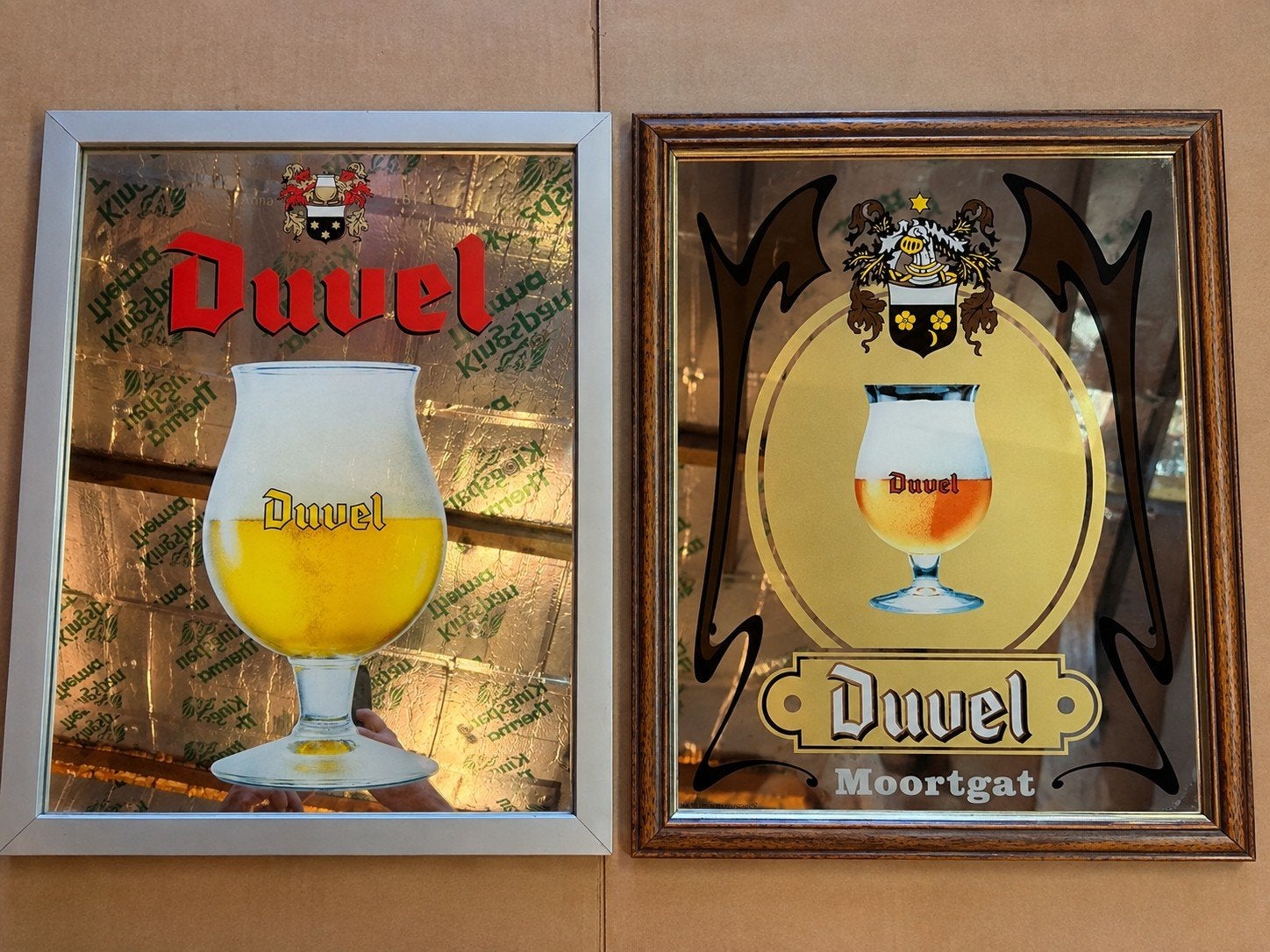 Set van 2 originele Duvel reclamespiegels, Ophalen, Zo goed als nieuw, Reclamebord, Plaat of Schild, Duvel