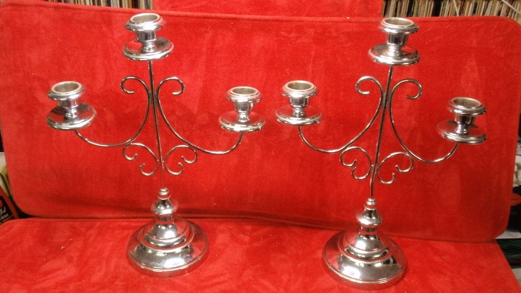 Paar late Art Deco metalen cromé kandelaars, Antiek en Kunst, Ophalen of Verzenden, Overige materialen
